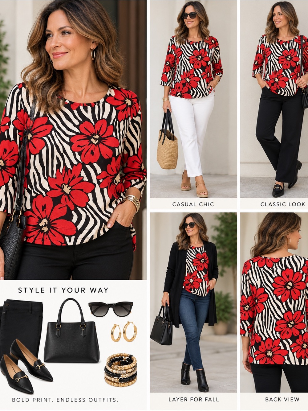 Source Unknown Red Floral Zebra-Print Women’s Top